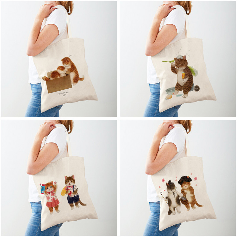 Забавна котка дамска пазарска чанта Двустранен принт Модна анимационна чанта за домашни любимци Животни за пътуване за жени Чанти за пазаруване Чанти през рамо
