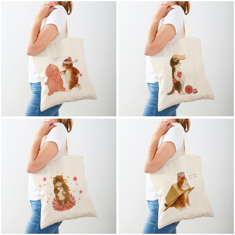 Забавна котка дамска пазарска чанта Двустранен принт Модна анимационна чанта за домашни любимци Животни за пътуване за жени Чанти за пазаруване Чанти през рамо