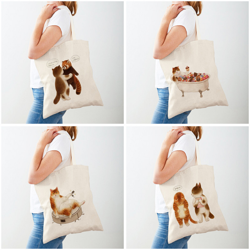 Забавна котка дамска пазарска чанта Двустранен принт Модна анимационна чанта за домашни любимци Животни за пътуване за жени Чанти за пазаруване Чанти през рамо