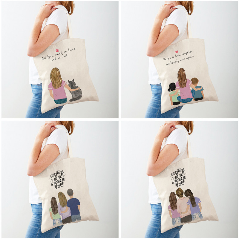 Топли семейни романтични любовни привързаности пазарски чанти за жени с двоен печат Ежедневни детски платнени пазарски чанти чанти