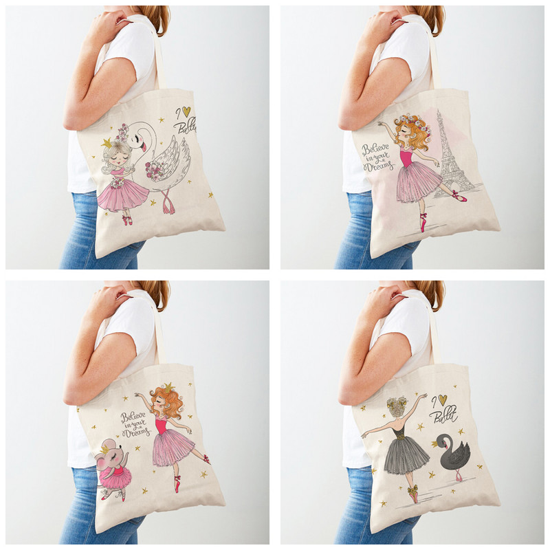 Fashion Lychee Life Ballet Girl Shopper Bags Платнена студентска чанта за многократна употреба Прекрасна анимационна детска ежедневна пазарска чанта