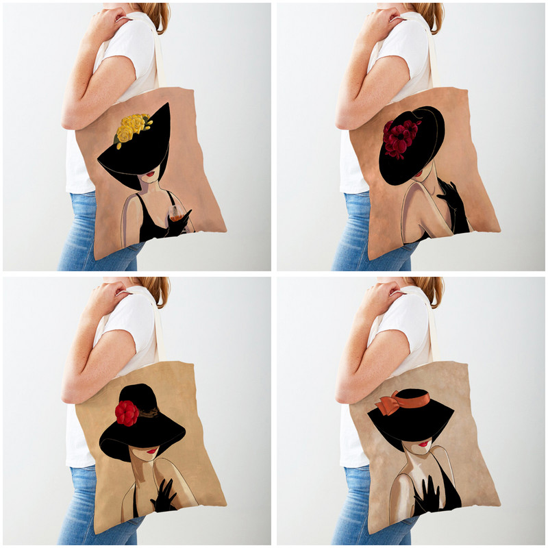 Винтидж елегантна дамска шапка Пазарска чанта с двоен принт Сгъваема ежедневна платнена чанта за многократна употреба Модна ръчна чанта