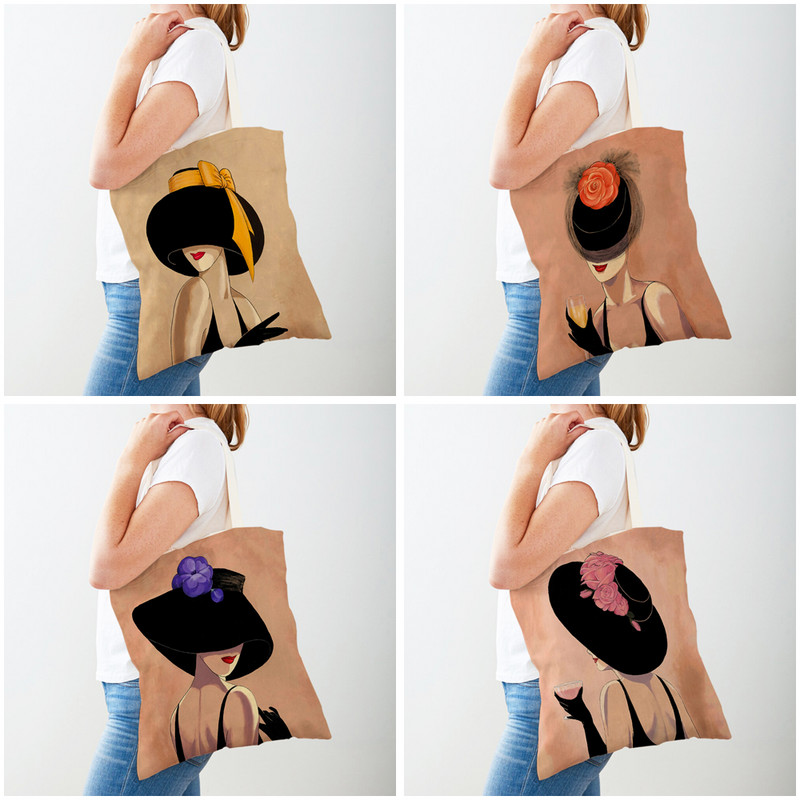 Винтидж елегантна дамска шапка Пазарска чанта с двоен принт Сгъваема ежедневна платнена чанта за многократна употреба Модна ръчна чанта