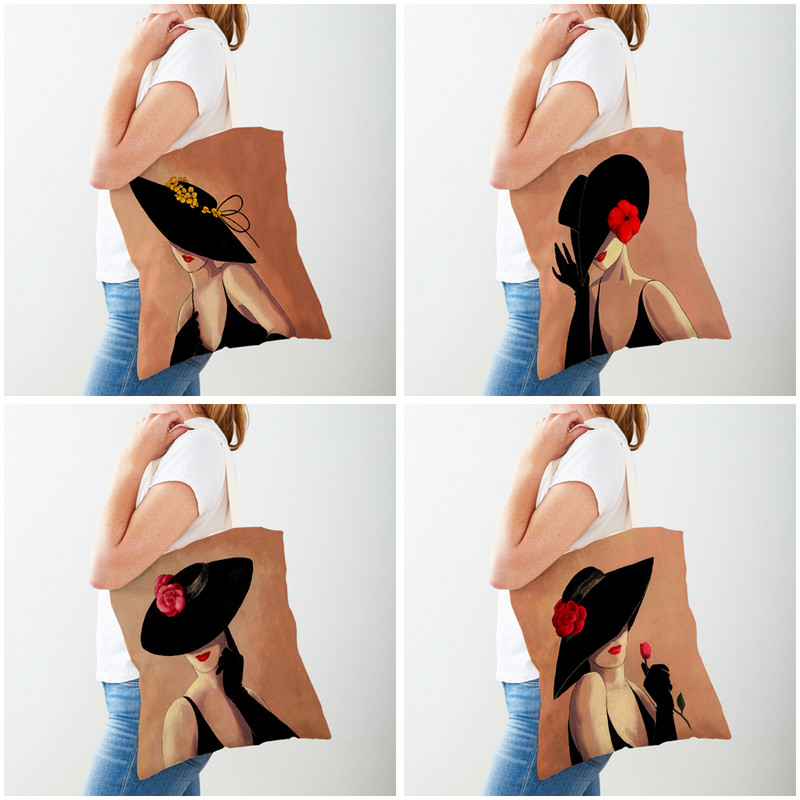 Винтидж елегантна дамска шапка Пазарска чанта с двоен принт Сгъваема ежедневна платнена чанта за многократна употреба Модна ръчна чанта