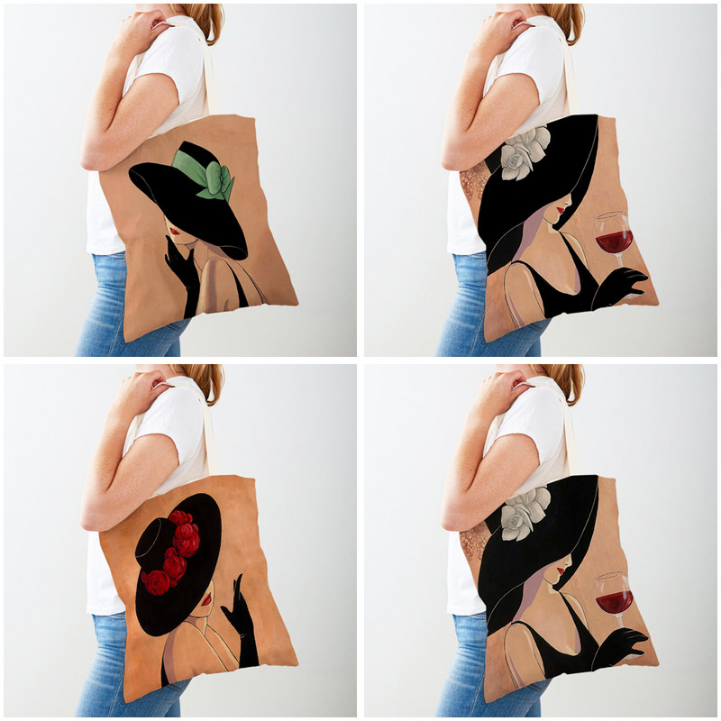 Винтидж елегантна дамска шапка Пазарска чанта с двоен принт Сгъваема ежедневна платнена чанта за многократна употреба Модна ръчна чанта