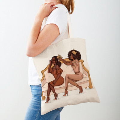 Черна дамска пазарска чанта с двоен печат Сгъваема ежедневна платнена чанта за многократна употреба Африкански дамски пазарски чанти Модна ръчна чанта