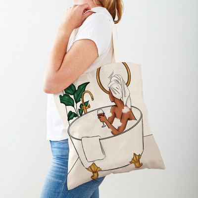 Черна дамска пазарска чанта с двоен печат Сгъваема ежедневна платнена чанта за многократна употреба Африкански дамски пазарски чанти Модна ръчна чанта