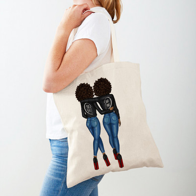 Черна дамска пазарска чанта с двоен печат Сгъваема ежедневна платнена чанта за многократна употреба Африкански дамски пазарски чанти Модна ръчна чанта