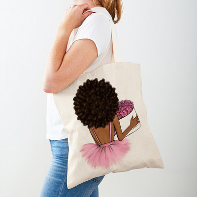 Черна дамска пазарска чанта с двоен печат Сгъваема ежедневна платнена чанта за многократна употреба Африкански дамски пазарски чанти Модна ръчна чанта