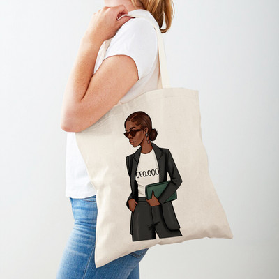 Черна дамска пазарска чанта с двоен печат Сгъваема ежедневна платнена чанта за многократна употреба Африкански дамски пазарски чанти Модна ръчна чанта