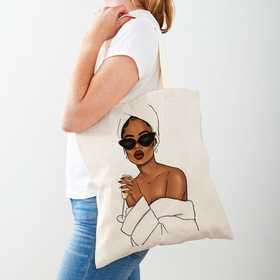 Черна дамска пазарска чанта с двоен печат Сгъваема ежедневна платнена чанта за многократна употреба Африкански дамски пазарски чанти Модна ръчна чанта