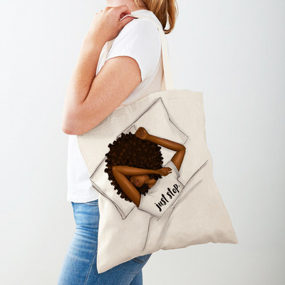 Черна дамска пазарска чанта с двоен печат Сгъваема ежедневна платнена чанта за многократна употреба Африкански дамски пазарски чанти Модна ръчна чанта