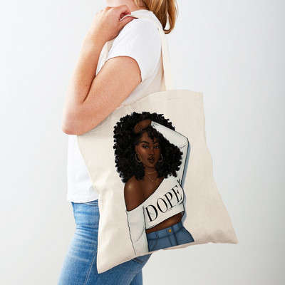 Черна дамска пазарска чанта с двоен печат Сгъваема ежедневна платнена чанта за многократна употреба Африкански дамски пазарски чанти Модна ръчна чанта