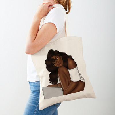 Черна дамска пазарска чанта с двоен печат Сгъваема ежедневна платнена чанта за многократна употреба Африкански дамски пазарски чанти Модна ръчна чанта