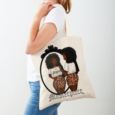 Черна дамска пазарска чанта с двоен печат Сгъваема ежедневна платнена чанта за многократна употреба Африкански дамски пазарски чанти Модна ръчна чанта