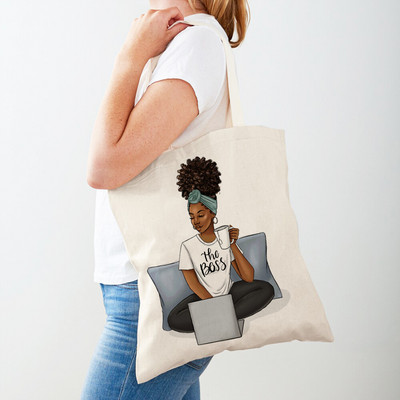 Черна дамска пазарска чанта с двоен печат Сгъваема ежедневна платнена чанта за многократна употреба Африкански дамски пазарски чанти Модна ръчна чанта