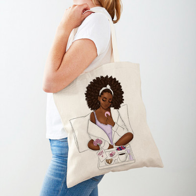 Черна дамска пазарска чанта с двоен печат Сгъваема ежедневна платнена чанта за многократна употреба Африкански дамски пазарски чанти Модна ръчна чанта