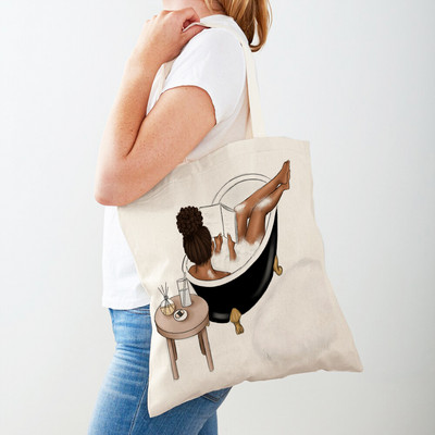 Черна дамска пазарска чанта с двоен печат Сгъваема ежедневна платнена чанта за многократна употреба Африкански дамски пазарски чанти Модна ръчна чанта