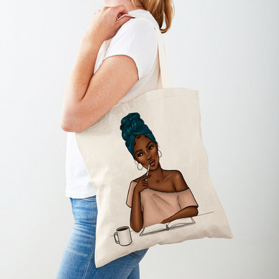 Черна дамска пазарска чанта с двоен печат Сгъваема ежедневна платнена чанта за многократна употреба Африкански дамски пазарски чанти Модна ръчна чанта