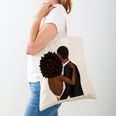 Черна дамска пазарска чанта с двоен печат Сгъваема ежедневна платнена чанта за многократна употреба Африкански дамски пазарски чанти Модна ръчна чанта