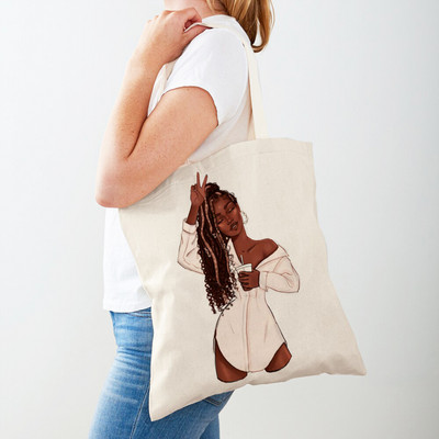 Черна дамска пазарска чанта с двоен печат Сгъваема ежедневна платнена чанта за многократна употреба Африкански дамски пазарски чанти Модна ръчна чанта