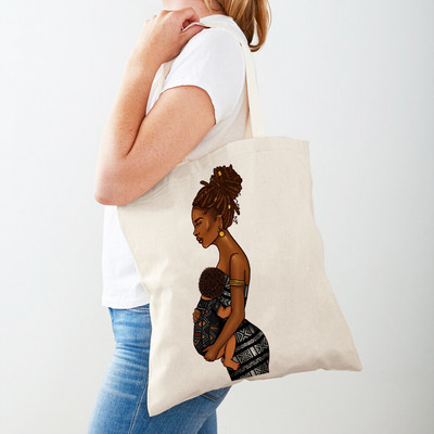 Черна дамска пазарска чанта с двоен печат Сгъваема ежедневна платнена чанта за многократна употреба Африкански дамски пазарски чанти Модна ръчна чанта