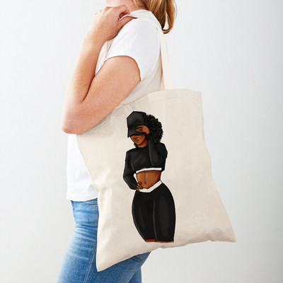 Черна дамска пазарска чанта с двоен печат Сгъваема ежедневна платнена чанта за многократна употреба Африкански дамски пазарски чанти Модна ръчна чанта