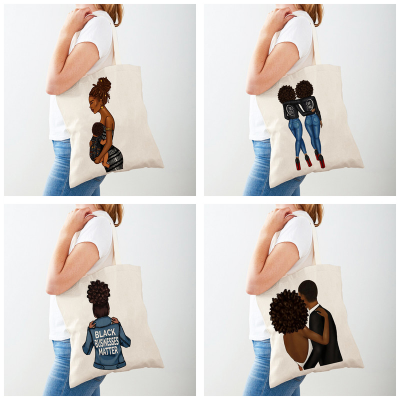 Черна дамска пазарска чанта с двоен печат Сгъваема ежедневна платнена чанта за многократна употреба Африкански дамски пазарски чанти Модна ръчна чанта