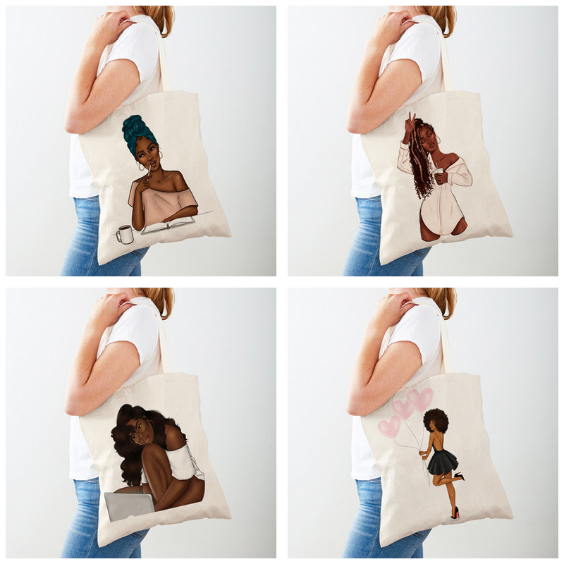 Черна дамска пазарска чанта с двоен печат Сгъваема ежедневна платнена чанта за многократна употреба Африкански дамски пазарски чанти Модна ръчна чанта