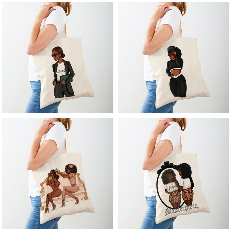 Черна дамска пазарска чанта с двоен печат Сгъваема ежедневна платнена чанта за многократна употреба Африкански дамски пазарски чанти Модна ръчна чанта