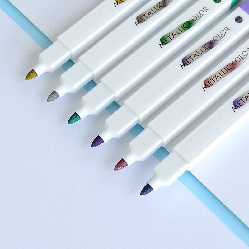 Цветни блестящи хайлайтери с двоен връх на точки, 6 цвята Писалка с фин блясък Водоустойчив и светлоустойчив