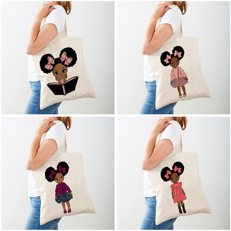Сладка африканска анимационна детска бебешка ежедневна дамска пазарска чанта Двустранно отпечатана платнена чанта за момиче за пътуване през рамо