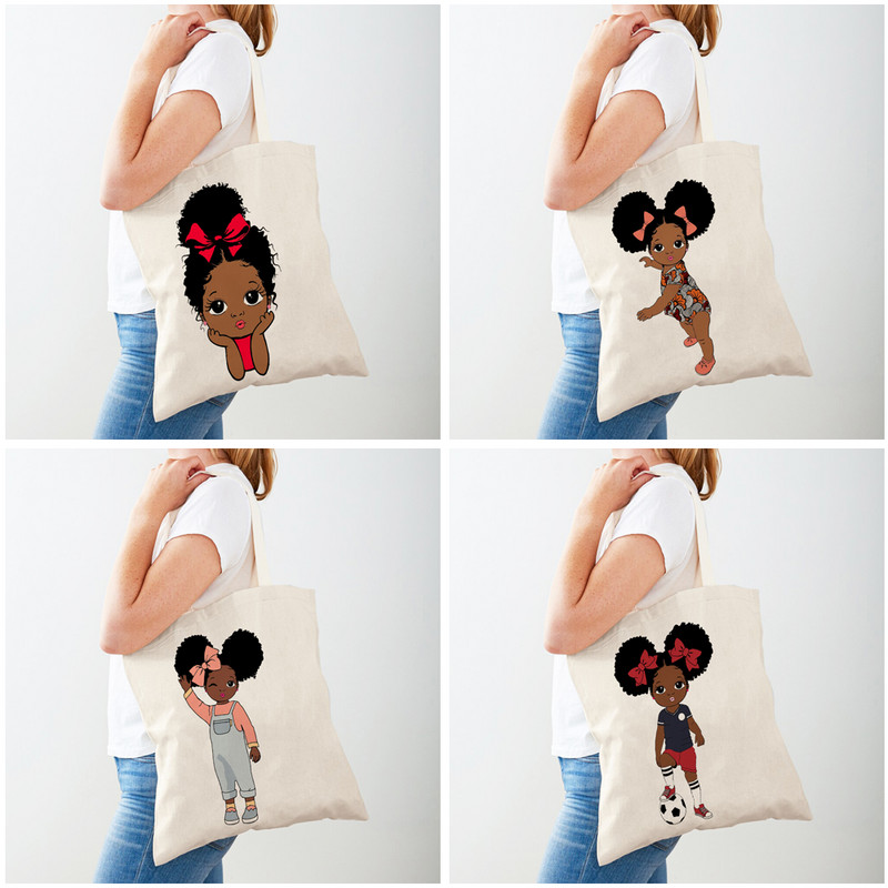Сладка африканска анимационна детска бебешка ежедневна дамска пазарска чанта Двустранно отпечатана платнена чанта за момиче за пътуване през рамо