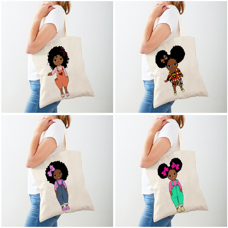 Сладка африканска анимационна детска бебешка ежедневна дамска пазарска чанта Двустранно отпечатана платнена чанта за момиче за пътуване през рамо