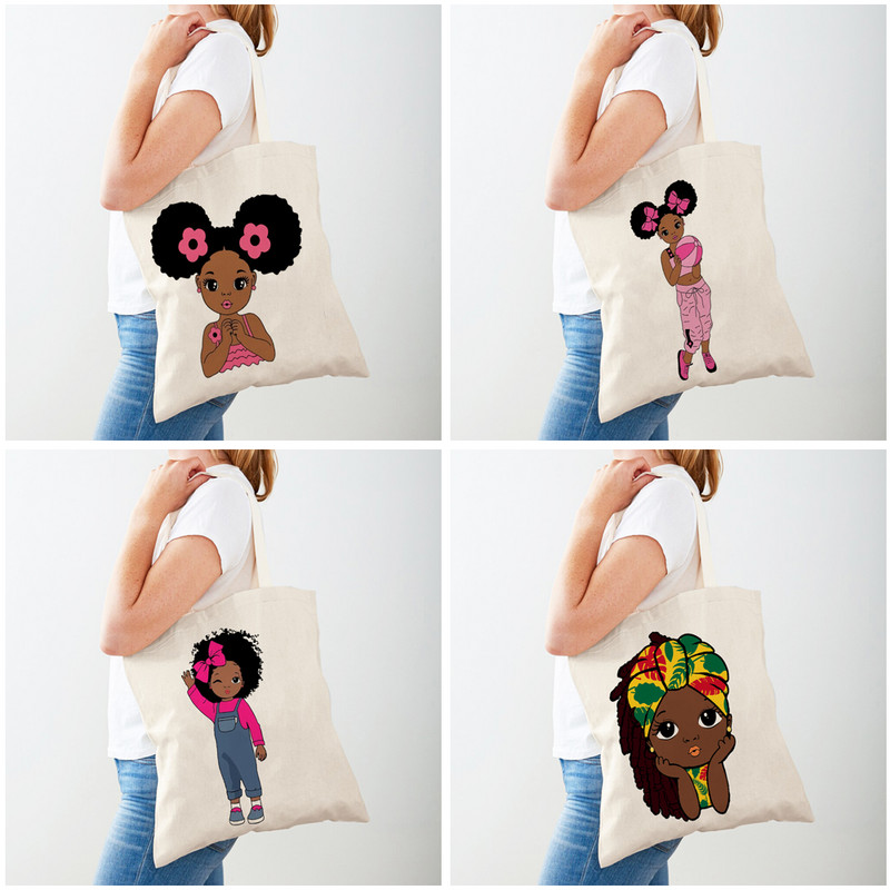 Сладка африканска анимационна детска бебешка ежедневна дамска пазарска чанта Двустранно отпечатана платнена чанта за момиче за пътуване през рамо