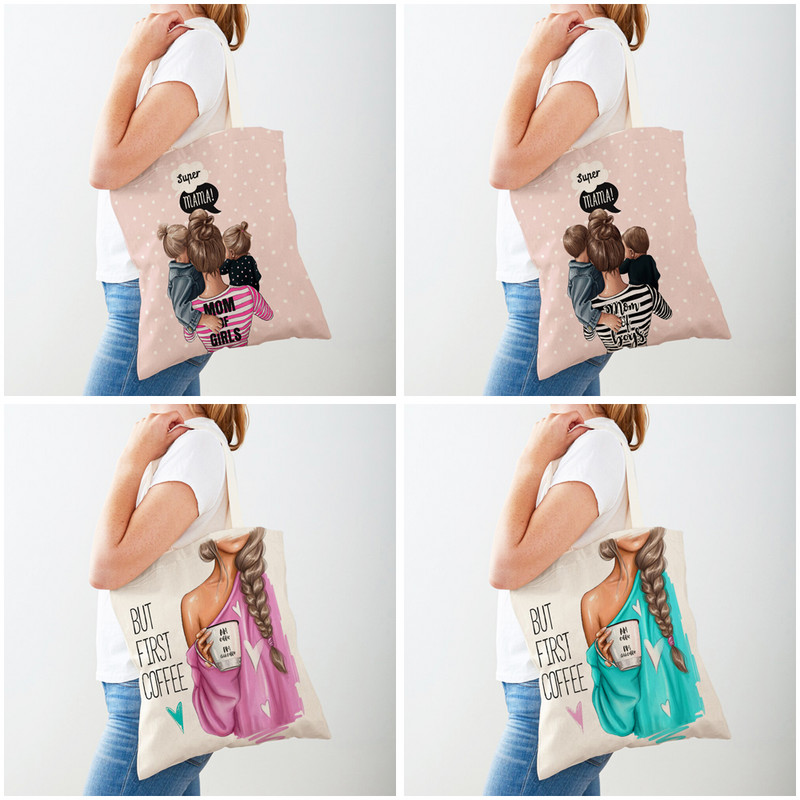 Ежедневна пазарска чанта Super Mama Двустранна дамска платнена чанта за многократна употреба през рамо за супермаркет Модни дамски чанти за пазаруване