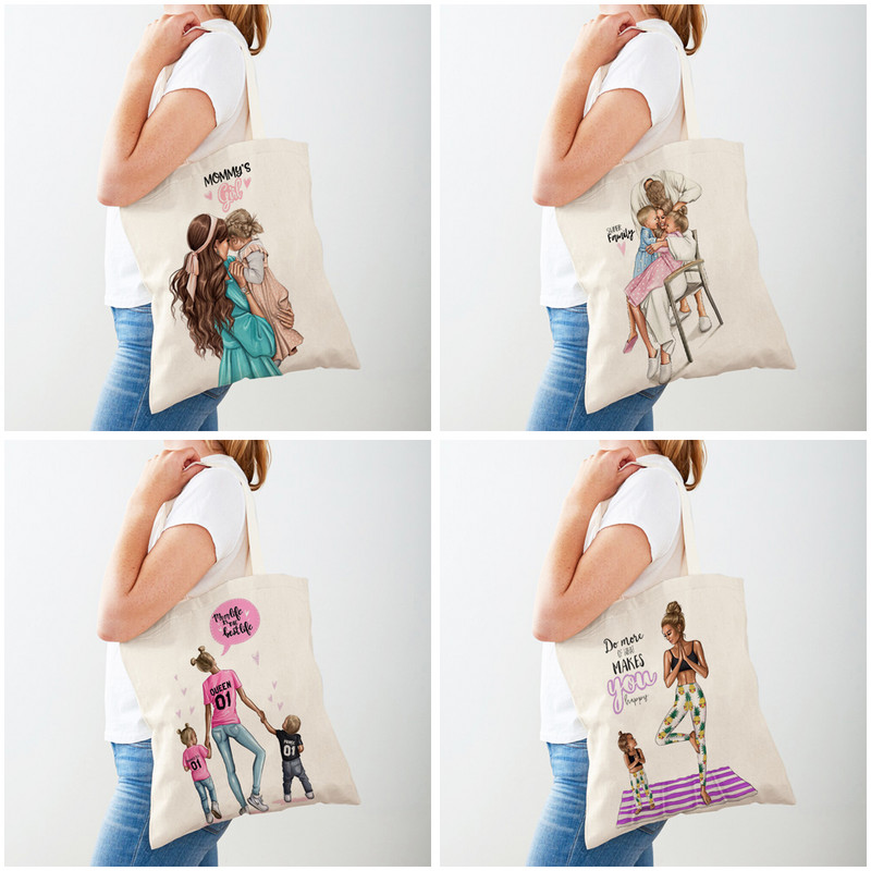 Ежедневна пазарска чанта Super Mama Двустранна дамска платнена чанта за многократна употреба през рамо за супермаркет Модни дамски чанти за пазаруване