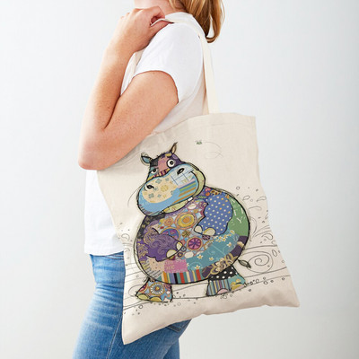 Ежедневни анимационни рисунки на животни Дамски пазарски чанти Маймуна Слон Котка Куче Платно Сгъваема многократна употреба Дамски чанти през рамо