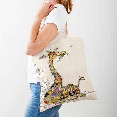 Ежедневни анимационни рисунки на животни Дамски пазарски чанти Маймуна Слон Котка Куче Платно Сгъваема многократна употреба Дамски чанти през рамо