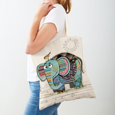 Ежедневни анимационни рисунки на животни Дамски пазарски чанти Маймуна Слон Котка Куче Платно Сгъваема многократна употреба Дамски чанти през рамо