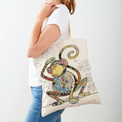 Ежедневни анимационни рисунки на животни Дамски пазарски чанти Маймуна Слон Котка Куче Платно Сгъваема многократна употреба Дамски чанти през рамо