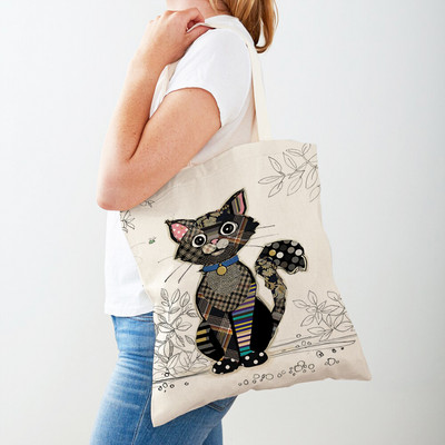 Ежедневни анимационни рисунки на животни Дамски пазарски чанти Маймуна Слон Котка Куче Платно Сгъваема многократна употреба Дамски чанти през рамо