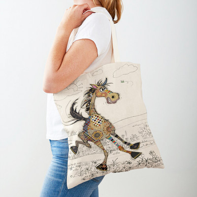 Ежедневни анимационни рисунки на животни Дамски пазарски чанти Маймуна Слон Котка Куче Платно Сгъваема многократна употреба Дамски чанти през рамо