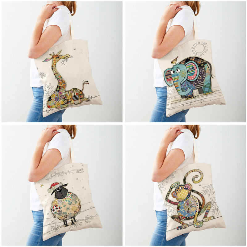 Ежедневни анимационни рисунки на животни Дамски пазарски чанти Маймуна Слон Котка Куче Платно Сгъваема многократна употреба Дамски чанти през рамо