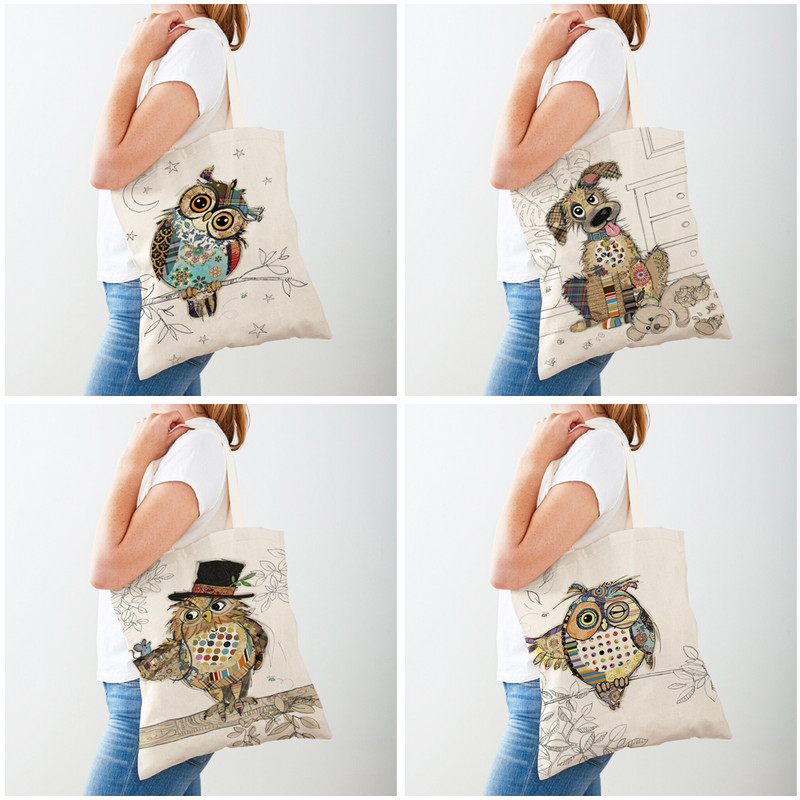 Ежедневни анимационни рисунки на животни Дамски пазарски чанти Маймуна Слон Котка Куче Платно Сгъваема многократна употреба Дамски чанти през рамо