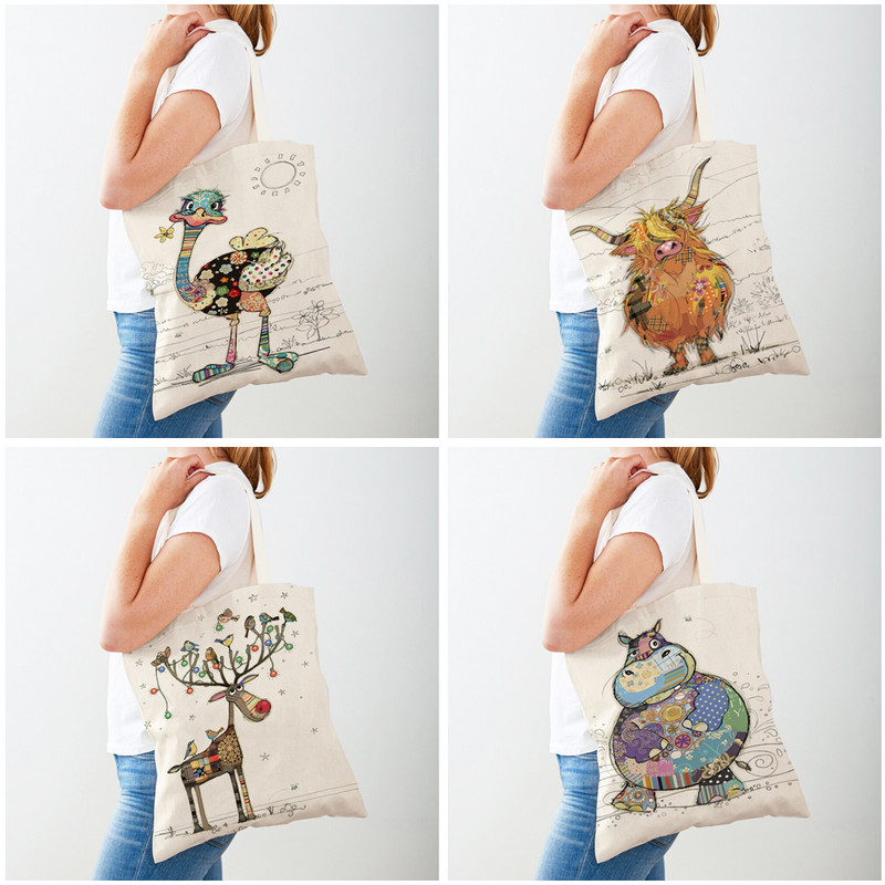 Ежедневни анимационни рисунки на животни Дамски пазарски чанти Маймуна Слон Котка Куче Платно Сгъваема многократна употреба Дамски чанти през рамо