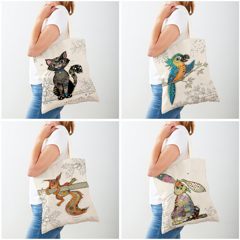 Ежедневни анимационни рисунки на животни Дамски пазарски чанти Маймуна Слон Котка Куче Платно Сгъваема многократна употреба Дамски чанти през рамо
