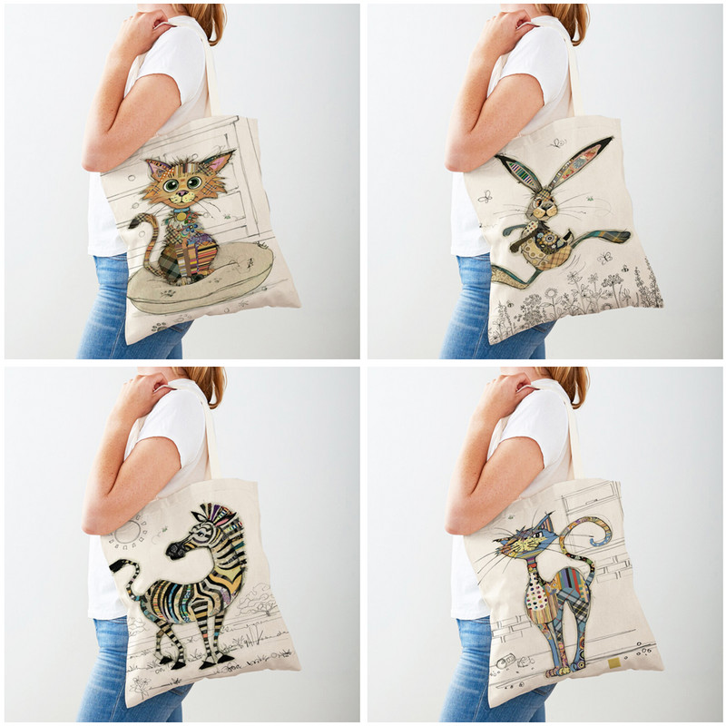 Ежедневни анимационни рисунки на животни Дамски пазарски чанти Маймуна Слон Котка Куче Платно Сгъваема многократна употреба Дамски чанти през рамо