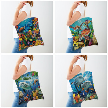 Ocean Landscape Sea Turtle Dolphin Shar Women Τσάντες αγοραστών Lady Canvas tote τσάντα επαναχρησιμοποιήσιμη κινουμένων σχεδίων Animal print Casual Shoppin