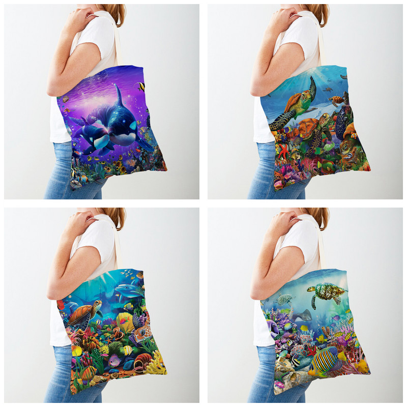 Океански пейзаж Морска костенурка Делфин Шар Дамски пазарски чанти Дамска платнена ръчна чанта Многократна употреба Карикатура Животински принт Ежедневни Shoppin